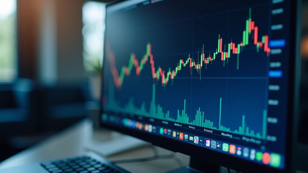 Složitý finanční graf s vzestupnými a sestupnými trendy, světlý stolní počítač