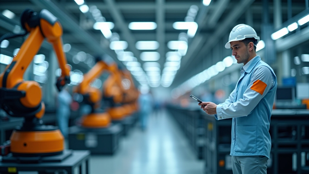 Moderní automobilová továrna s robotizovanou výrobní linkou a technologicky pokročilým zařízením