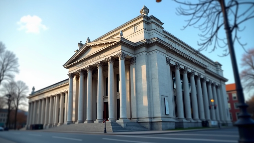 Moderní budova České národní banky s českými vlajkami a arkádovým vchodem