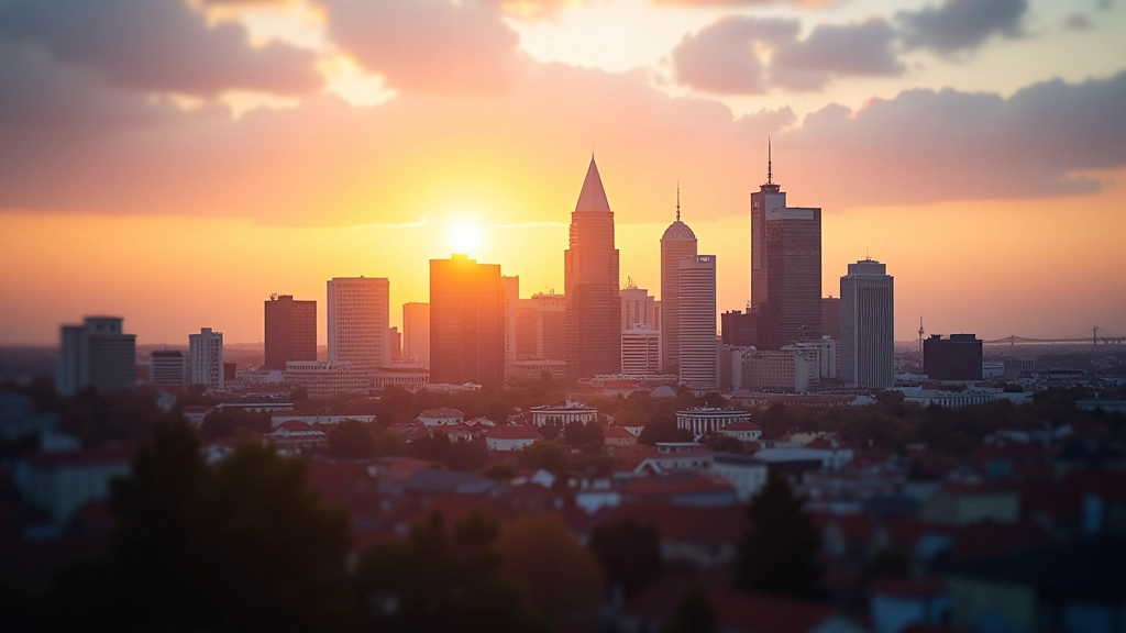 Budoucnost ekonomiky: Symbolické znázornění pokroku s futuristickými prvky a městským prostředím