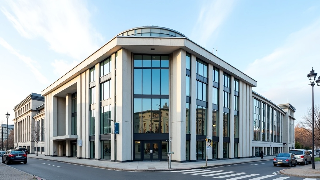 Profesionální fotografie moderní budovy České národní banky v Praze s jasným architektonickým stylem a detaily fasády